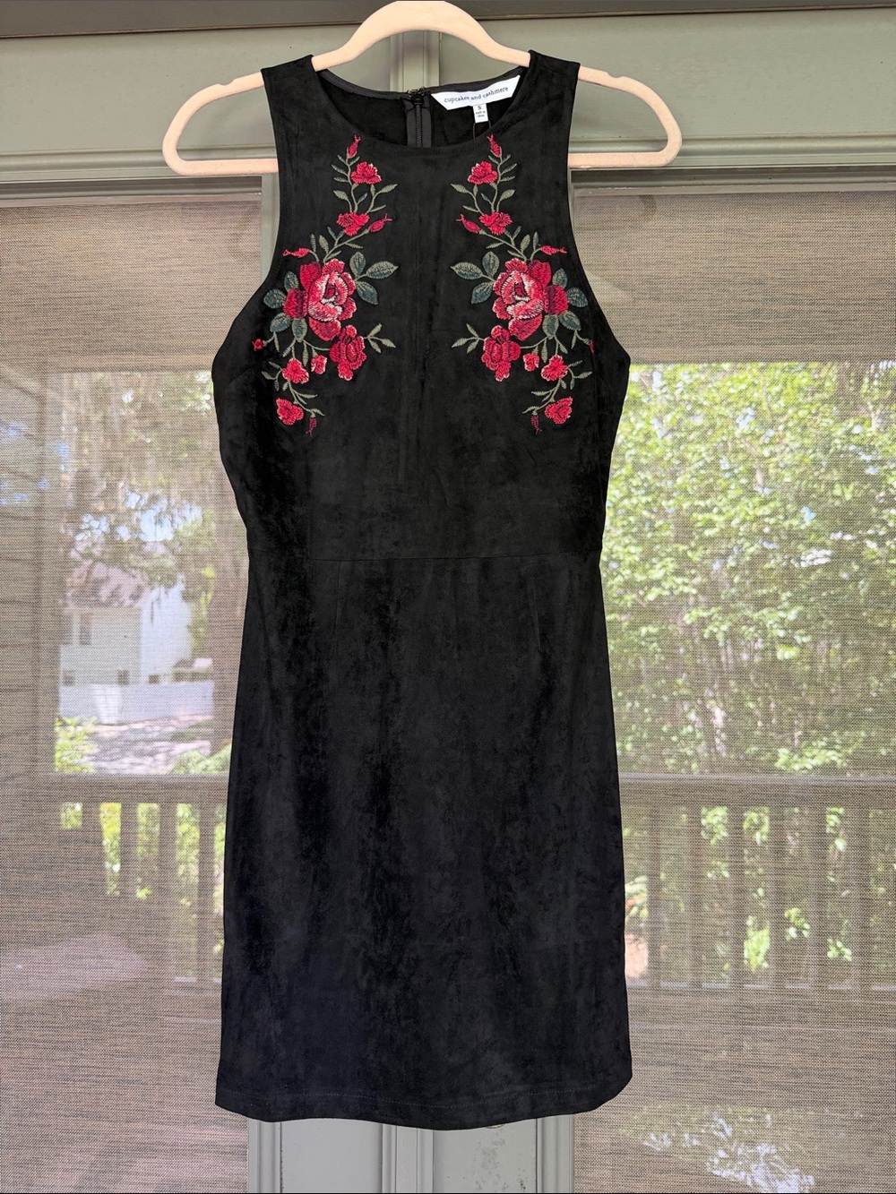 cupcakes & cashmere Black Mini Dress with Red Rose Embroidery